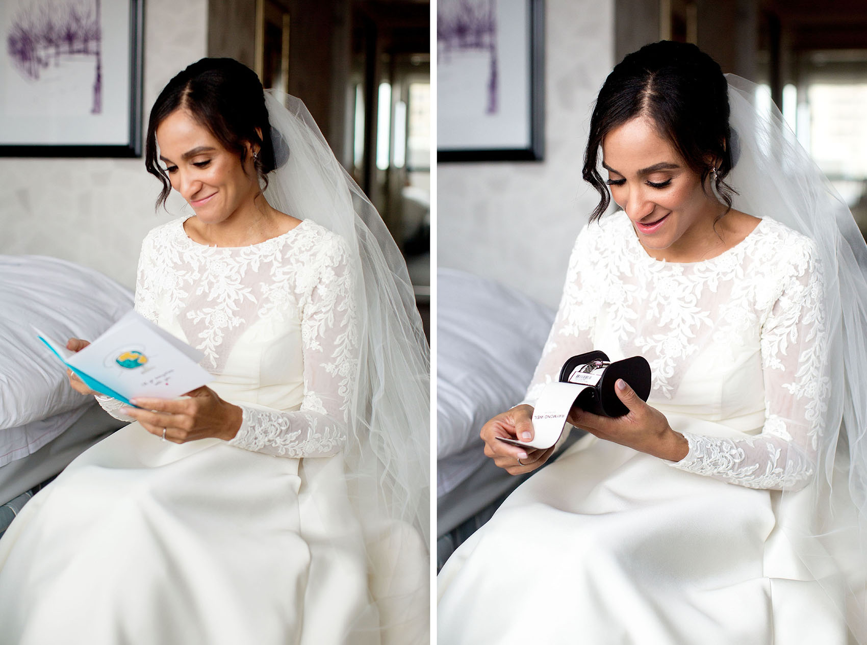 bride reading card and getting gift from groom