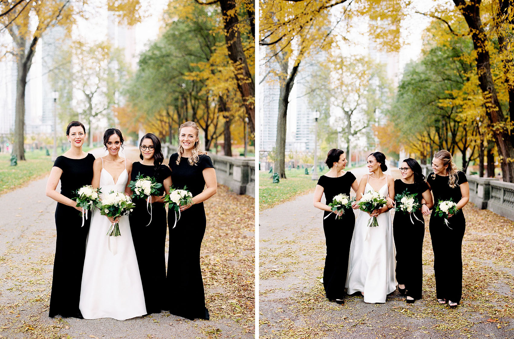 bridesmaids in long black dresses