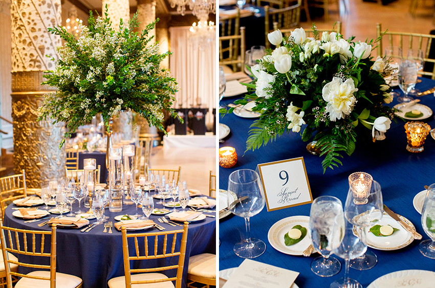 blue tablecloths with white and green floral arrangements