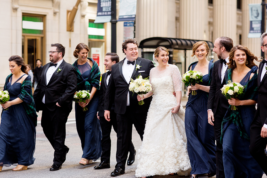 wedding party walking at the board of trade