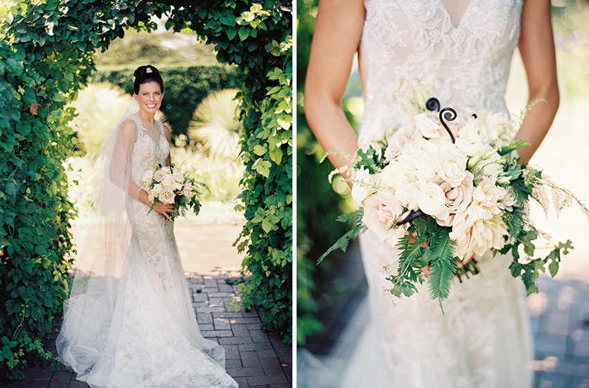 bridal photos at the chicago botanic garden with white bouquet